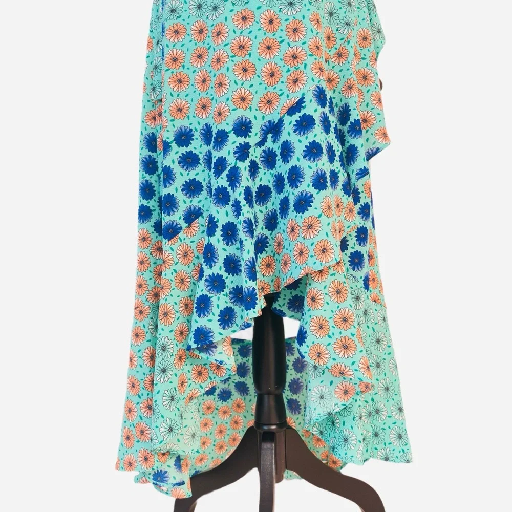 DONNA MORGAN ~ Teal Orange Blue Ruffled Floral High Low Wrap Dress size 16